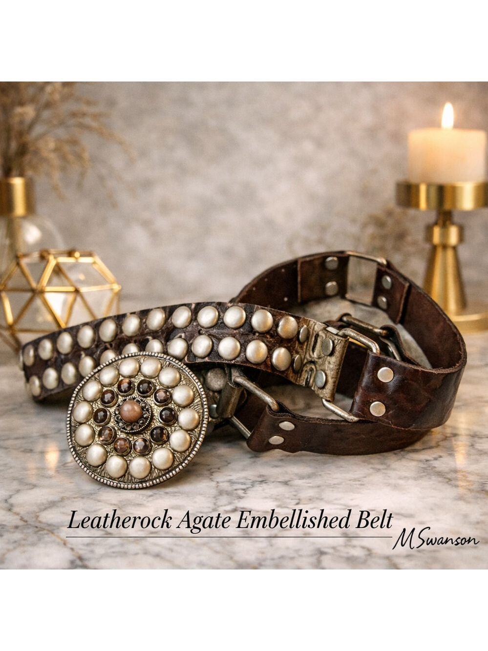 Vintage Leatherock Studded Embossed Leather Belt Crystal Buckle Sz 32